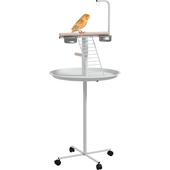 PawHut Mangeoire à oiseaux sur pied avec 4 roulettes perchoir 2 bols amovibles plateau rond acier inoxydable Ø 60 x 138H cm blanc