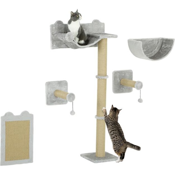 PawHut Mur descalade pour chats 5 pièces Grimper Arbre à chat avec poteau griffoir, hamac, plateforme de saut, arbre à chat mural, meuble mural pour chats jusquà 5 kg, polyester, gris clair