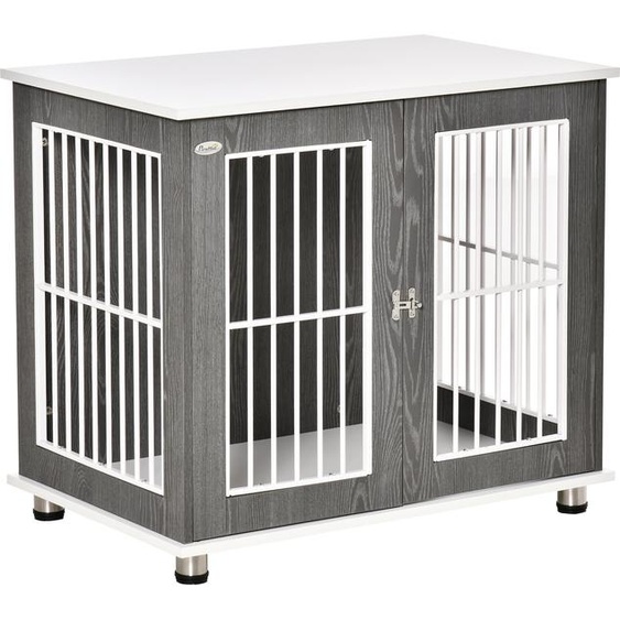 PawHut Niche en bois pour chien Cage de transport pour petits chiens Design surélevé intérieur acier Gris+Blanc 85 x 55 x 75 cm