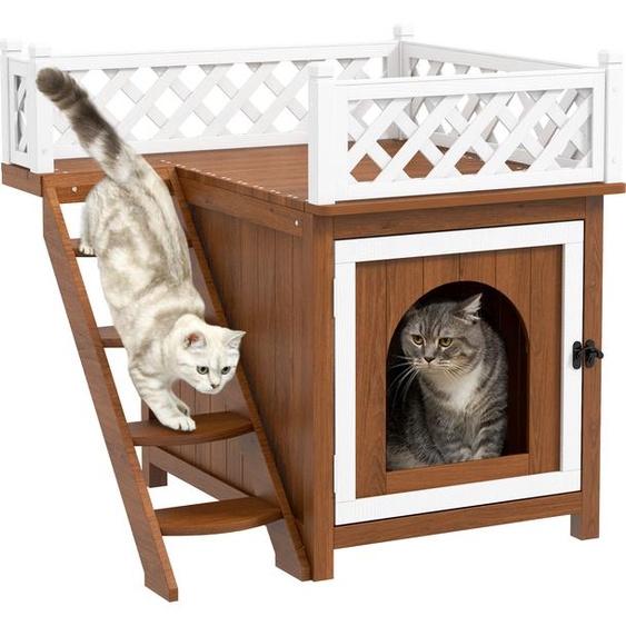 PawHut niche pour chats, niche pour chats en bois de sapin, maison pour chats avec balcon, escalier, pour chats, lapins jusquà 6 kg, intérieur, extérieur 67,5 x 63 x 68,5 cm, brun