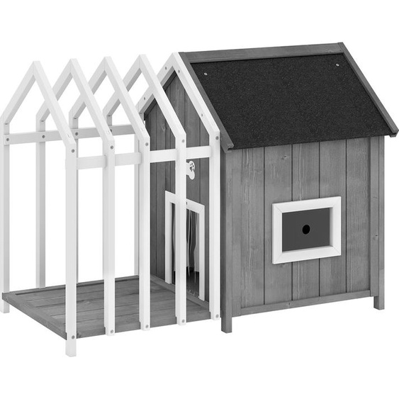 PawHut Niche pour chien extérieur en bois, avec terrasse et barrière, maison chien extérieur, porte à lamelles et toit pointu en bitume, pour jardin, cours, veranda, patio,106 x 62,5 x 80,5 cm, gris