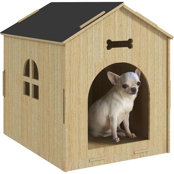 PawHut Niche pour chien intérieure, maison chien intérieure en bois, avec motifs dos creux, fenêtre, assemblage facile, pour chien miniature, chat, 47 x 57 x 58 cm, chêne
