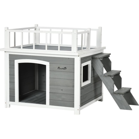 PawHut niche pour chien maison pour chien avec balcon, maison surélevée pour petits animaux avec escalier, fenêtre, niche pour chiens moyens, grands chiens, bois de sapin, gris clair