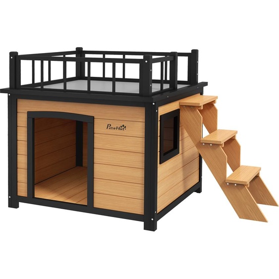 PawHut Niche pour chien Maison pour chien avec balcon, maison surélevée pour petits animaux avec escalier, fenêtre, niche pour chiens petits et moyens, bois de sapin, jaune, 121 x 77 x