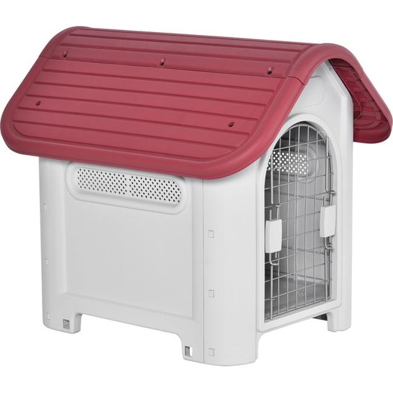 PawHut Niche pour chien Outdoor Maison pour chien avec lucarne Porte Abri pour petits chiens Clapier pour petits animaux Circulation de lair étanche Métal Plastique Rouge+Gris clair 59 x 75 x 66 cm