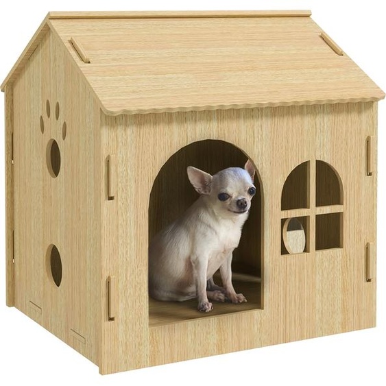 PawHut niche pour chiens avec fenêtre, niche pour chats avec design de pattes mignon, montage sans vis, pour petits chiens de moins de 4 kg, intérieur, 49,5 x 41 x 51 cm, chêne