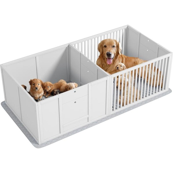 PawHut Parc de mise bas pour chiens, caisse de mise bas pour chiots 2 pièces, tapis daisance, porte à hauteur réglable, parc pour chiot et grande race intérieur, 166 x 80 x 50 cm, blanc