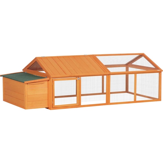 PawHut Poulailler Enclos libre 2,4 x 1,125 x 0,76 m Enclos libre avec serrure Bois de sapin Poulailler avec porte, toit ouvrant, Poulailler dextérieur pour cage à poules, 4-8 poules, orange