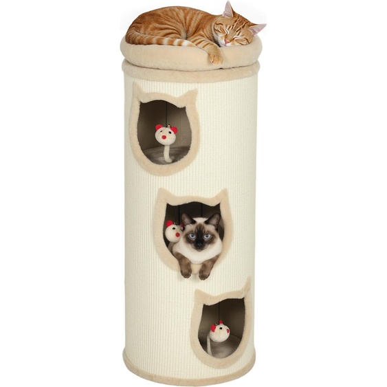 PawHut Tonneau à gratter 96 cm, tour à griffer en sisal et bord en peluche, 3 niveaux avec plate-forme, arbre à chat stable pour petits et grands chats, parfait pour griffes & jeu, Ø 38 cm, crème