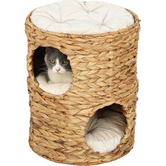 PawHut Tonneau à griffer, 50 cm de haut Tonneau pour chat avec 2 cavités, arbre à chat avec coussin, tour pour chat en jacinthe deau, pour chat jusquà 3,5 kg, marron clair