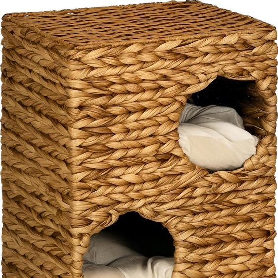 PawHut Tonneau à griffer, 76 cm de haut Tonneau pour chats avec 3 grottes, coussins lavables, arbre à chat, tour pour chats en jacinthe deau, marron clair