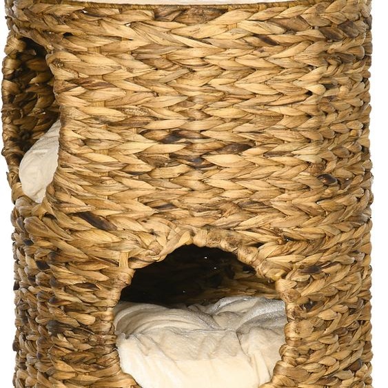 PawHut Tonneau à griffer, hauteur 73 cm Tonneau à chat avec 3 cavités, arbre à chat avec coussin, tour à chat en jacinthe deau, pour chat jusquà 3,5 kg, marron clair