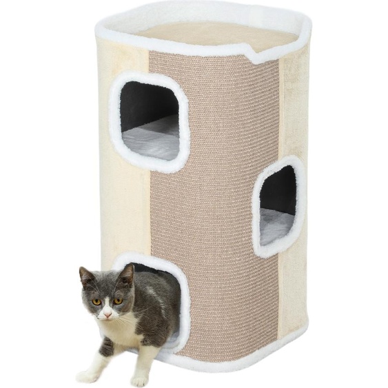 PawHut Tonneau à griffer pour chats Arbre à chat 3 niveaux Arbre à grimper pour chats Meubles pour chats Panneau aggloméré Polyester velouté Sisal Beige 40 x 40 x 74 cm