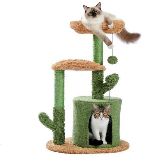 Pawz Road - Arbre à Chat Cactus, avec Pompon Peluche, Poteau Griffoir en Sisal et Coussin Amovible, 78 cm, Vert Cactus
