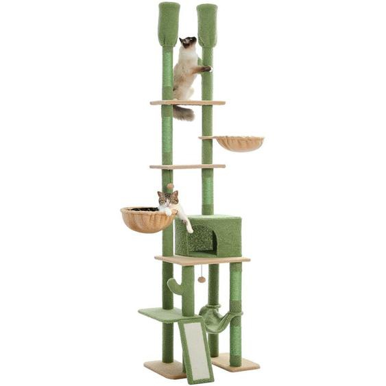 Pawz Road - Arbre à Chat Cactus du Sol au Plafond, 5 Niveaux avec Hamac Douillet, Plateformes, Niche, Griffoir pour Chat et Pompons Suspendues,