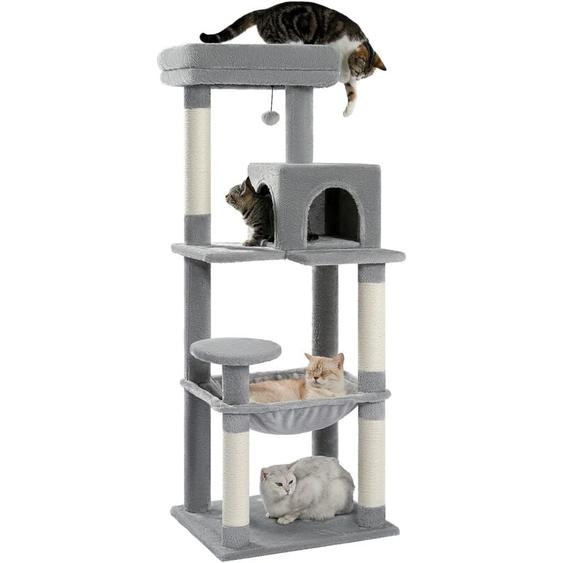 Pawz Road - Arbre à Chat en Bois, Tour de Chat Moderne, avec Griffoirs Sisal, Condo Confortable et Grand Hamac, 143cm, Gris