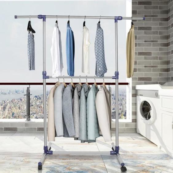 PEACHES Porte-Manteau 85-150*50*85-160cm Cintre à double tringle à un étage et à roulettes Economiseur despace Bleu foncé
