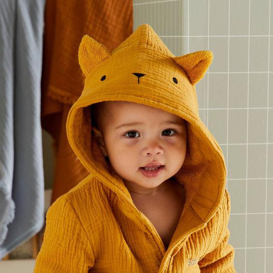 Peignoir bébé animal en gaze de coton bio* personnalisable ocre