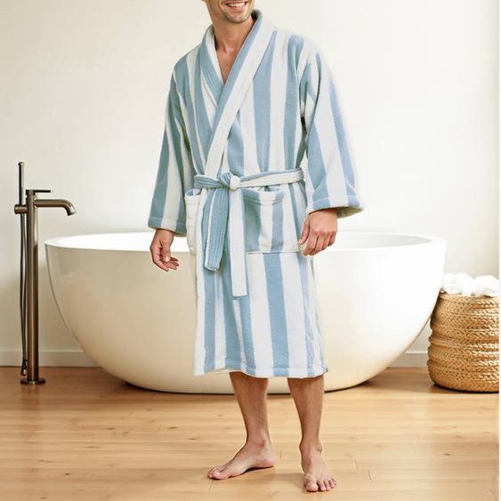 Peignoir de bain adulte mixte rayures TRANSAT capsule famille personnalisable, avec coton recyclé rayé bleu