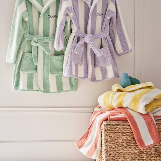 Peignoir de bain adulte mixte rayures TRANSAT capsule famille personnalisable, avec coton recyclé rayé rose