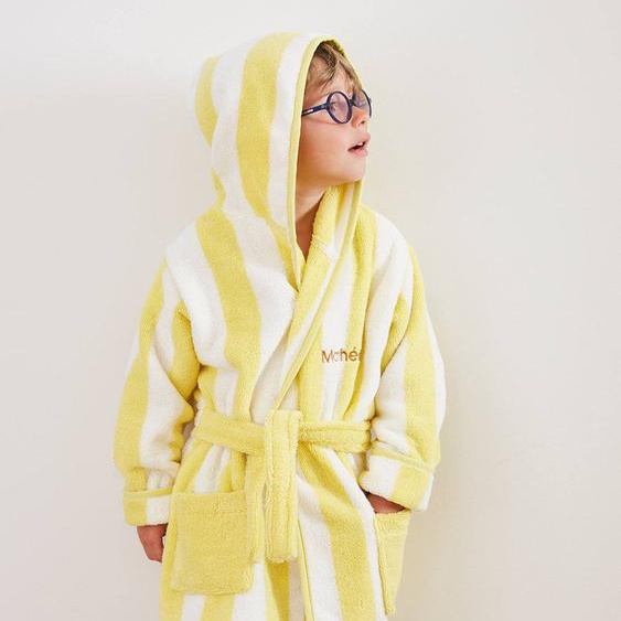 Peignoir de bain Enfant rayures TRANSAT capsule famille personnalisable, avec coton recyclé rayé jaune