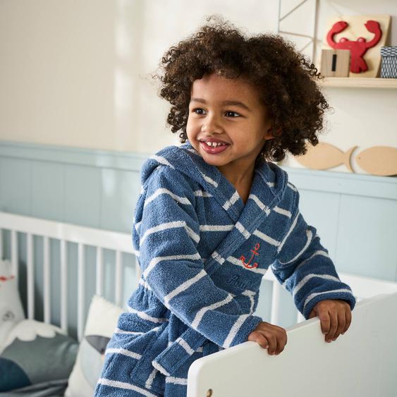 Peignoir de bain rayé enfant à capuche et personnalisable bleu/blanc