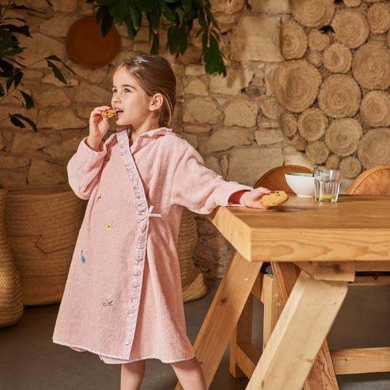Peignoir enfant coton bio cache-cœur à capuche brodé Rêve dor dragée