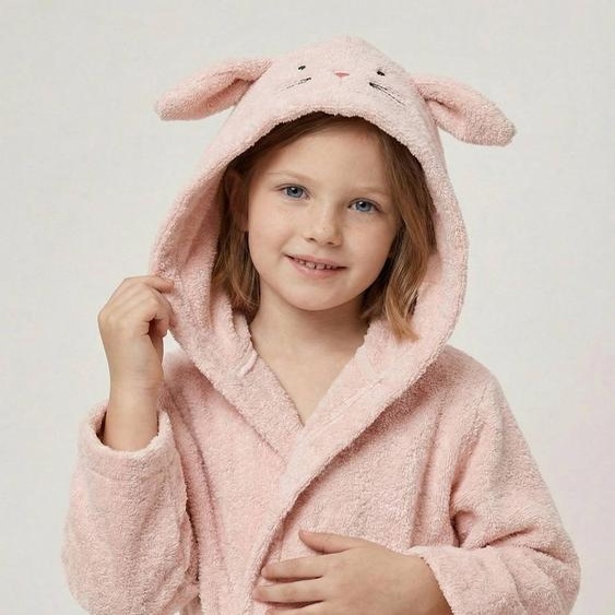 Peignoir enfant LAPIN coton recyclé personnalisable rose poudré