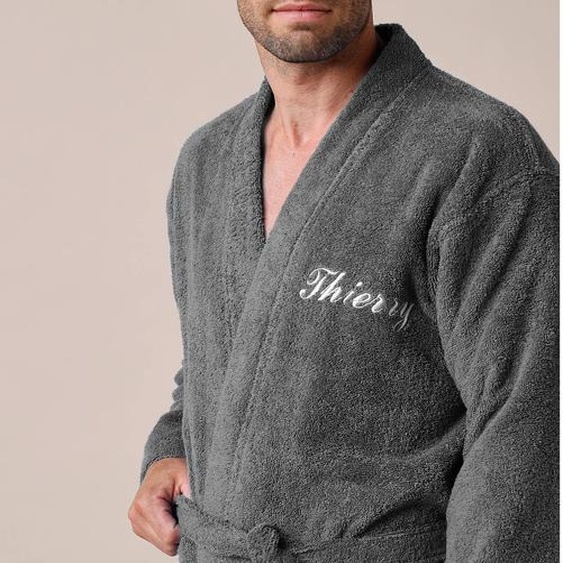 Peignoir mixte adulte uni coton éponge bouclette col kimono personnalisable - 34/36 - Gris - Colombine