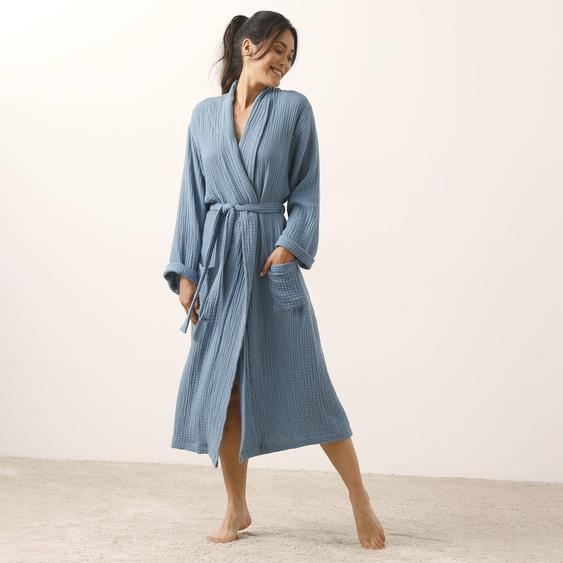 Peignoir uni en triple gaze de coton  - 46/48 - Bleu - Colombine