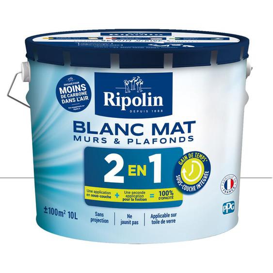 Peinture Blanc Mat pour Murs et Plafonds avec Sous-Couche Intégrée - 10L Ripolin