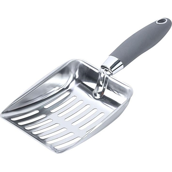 Pelle à litière pour chat, Tamis en acier inoxydable pour chats, Pelle en métal, Pelle à crottes, Lève-chat, Durable, Robuste, Acier inoxydable plat avec poignée grise