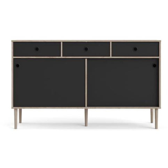 Penny Buffet, 2 portes coulissantes et 3 tiroirs, imitation chêne Hickory, noir mat.