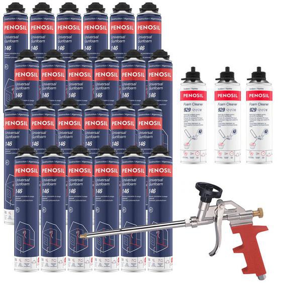 Penosil - Pack 24 Mousses polyuréthanes Universal Gunfoam 146 pistolable 690ml + 3 Nettoyants FoamCleaner 500ml + Pistolet manuel
