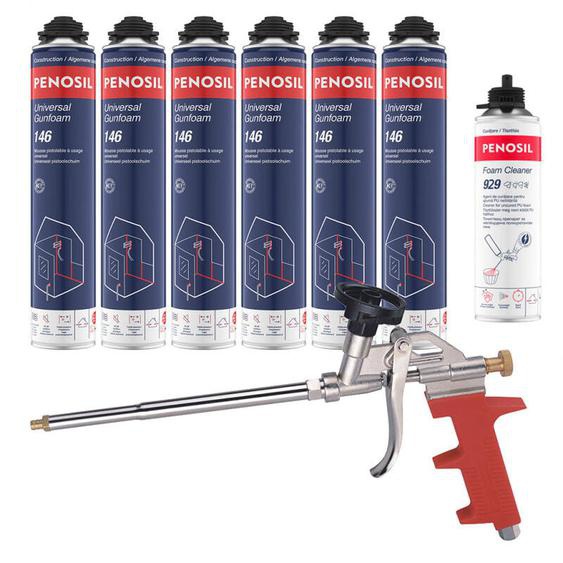 Penosil - Pack 6 Mousses polyuréthanes Universal Gunfoam 146 pistolable 690ml + Nettoyant FoamCleaner 929 500ml + Pistolet manuel