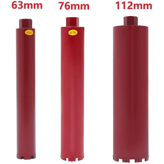 Perceuse à noyau diamantée, renforcée, de 63 mm, 76 mm ou 112 mm, pour béton sec ou humide. Profondeur de perçage : 410 mm. Seau de perçage, couleur rouge