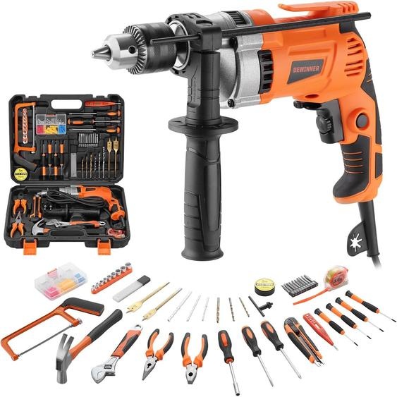 Perceuse à percussion DEWINNER 910W 0-3000 tr/min, perceuse avec coffret doutils complet de 115 pièces, fonction 2 en 1, mandrin de 13 mm, pour béton
