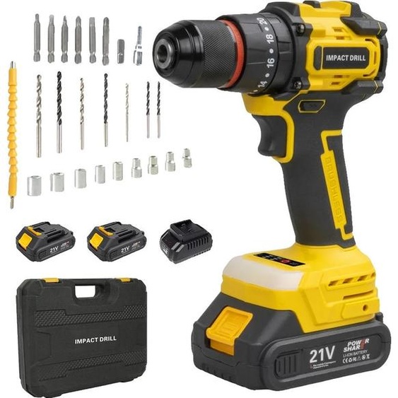 Perceuse à percussion sans fil, 45N-m de couple maximum, 0-1650 tr/min de vitesse de rotation à vide, 10mm de diamètre de mandrin, avec 2 batteries, EU