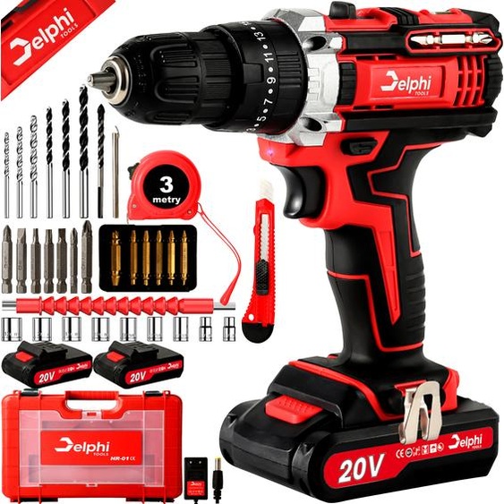 Perceuse à percussion sans fil Delphi 20V + 2 batteries Chargeur, Contrôle de couple et vitesse variable Perceuse à percussion sans fil 20V