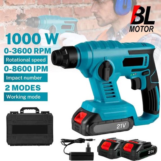 Perceuse à percussion sans fil - Marteau perforateur - 1000 W - Moteur sans balais - Sans fil - 2 batteries 18 V incluses - Légère - Braun