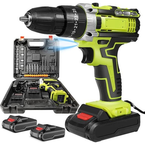 Perceuse électrique sans fil, double vitesse, design compact, avec 2 batteries, UE