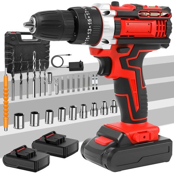 Perceuse électrique sans fil, double vitesse, design compact, rouge avec 2 piles, EU-a