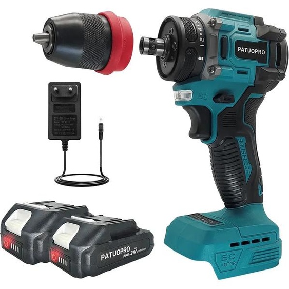 Perceuse électrique sans fil, moteur sans balai, plage de serrage 10 mm, batterie 2PCS 2.0AH, EU