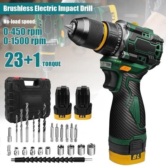 Perceuse et visseuse sans fil - Sans fil et sans balais - 23+1 niveaux de couple - Mandrin métallique à serrage rapide - Avec 2 batteries - Noir