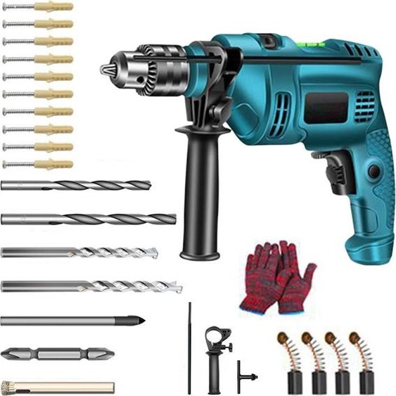 Perceuse-marteau électrique - 1500 W - 220 V - Vitesse réglable - Pour bois, métal, béton - Couleur : bleu