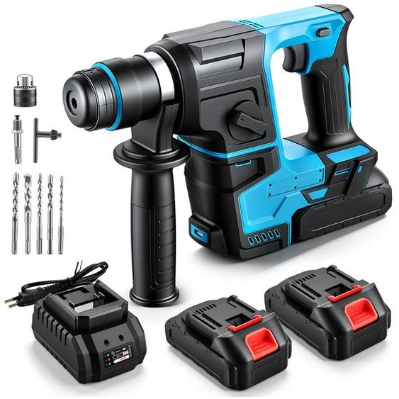 Perceuse-marteau sans fil - 21V, moteur sans balais - 1300 W - 1,8 J, 1200 tr/min, 4200 coups/min - Ø 30 mm - avec batterie, 8 mèches, gants - Bleu