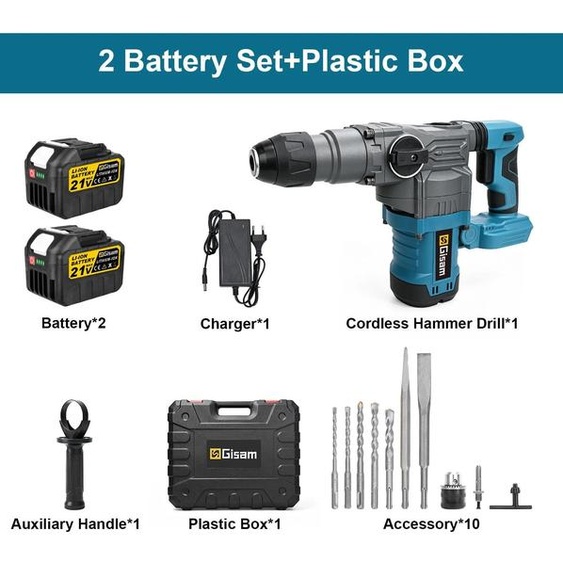 Perceuse-marteau sans fil 5,5 J - Marteau-piqueur - Moteur sans balais - Perçage et burinage dans le béton - Fonctionnement sans fil - Livré avec 2 batteries