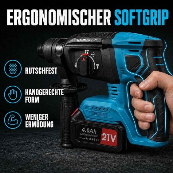 Perceuse-marteau sans fil AIORBER 21V, sans balais, SDS Plus, combinée, avec 2 batteries Li-Ion 4,0 Ah, chargeur, forets, burins, bleu et noir