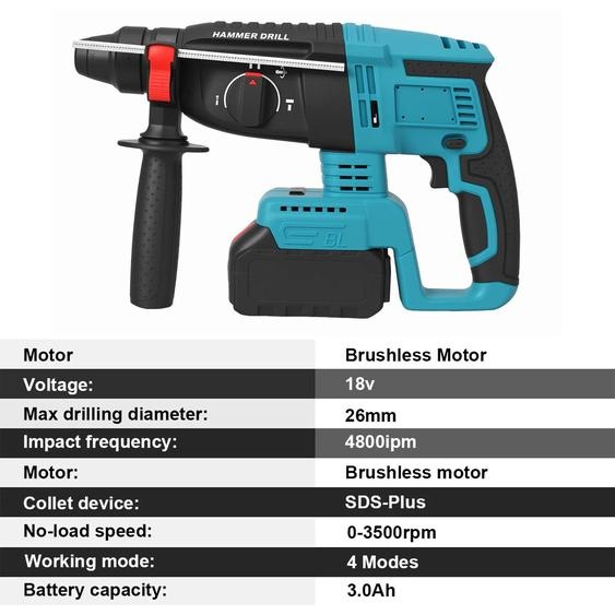 Perceuse-marteau SDS-plus sans fil - 3 modes - Moteur sans balais - 18 V - Diamètre de perçage maximal : 26 mm - Batterie incluse - Couleur : bleu