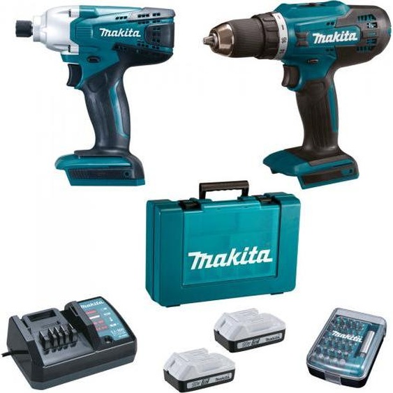 Perceuse sans fil 18V DF4880 + clé à chocs 18V TD127D - MAKITA - avec 2 batteries 18V 1.5 Ah + chargeur + 30 embouts - DK18A35X1
